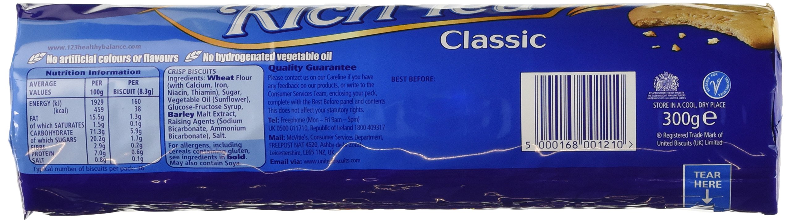 McVitie's Rich Tea Biscuits ingredients scene highlighting no artificial colours.