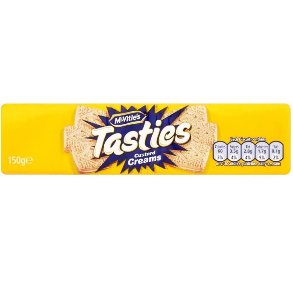 Close-up of McVitie's Tasties Custard Creams showing creamy vanilla filling.