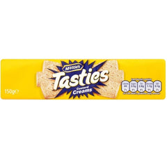Close-up of McVitie's Tasties Custard Creams showing creamy vanilla filling.