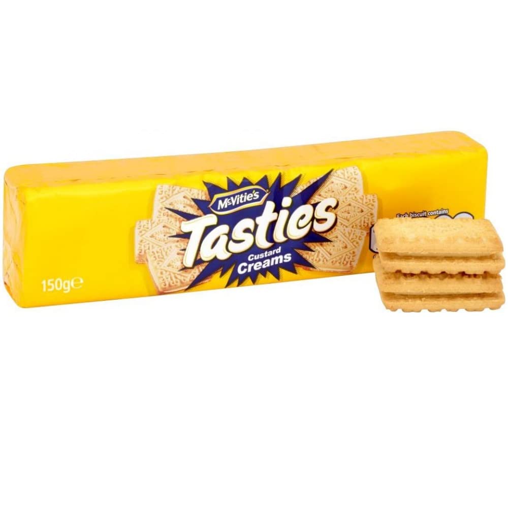 McVitie's Tasties Custard Creams pack on a table, ideal for tea-time dunking.
