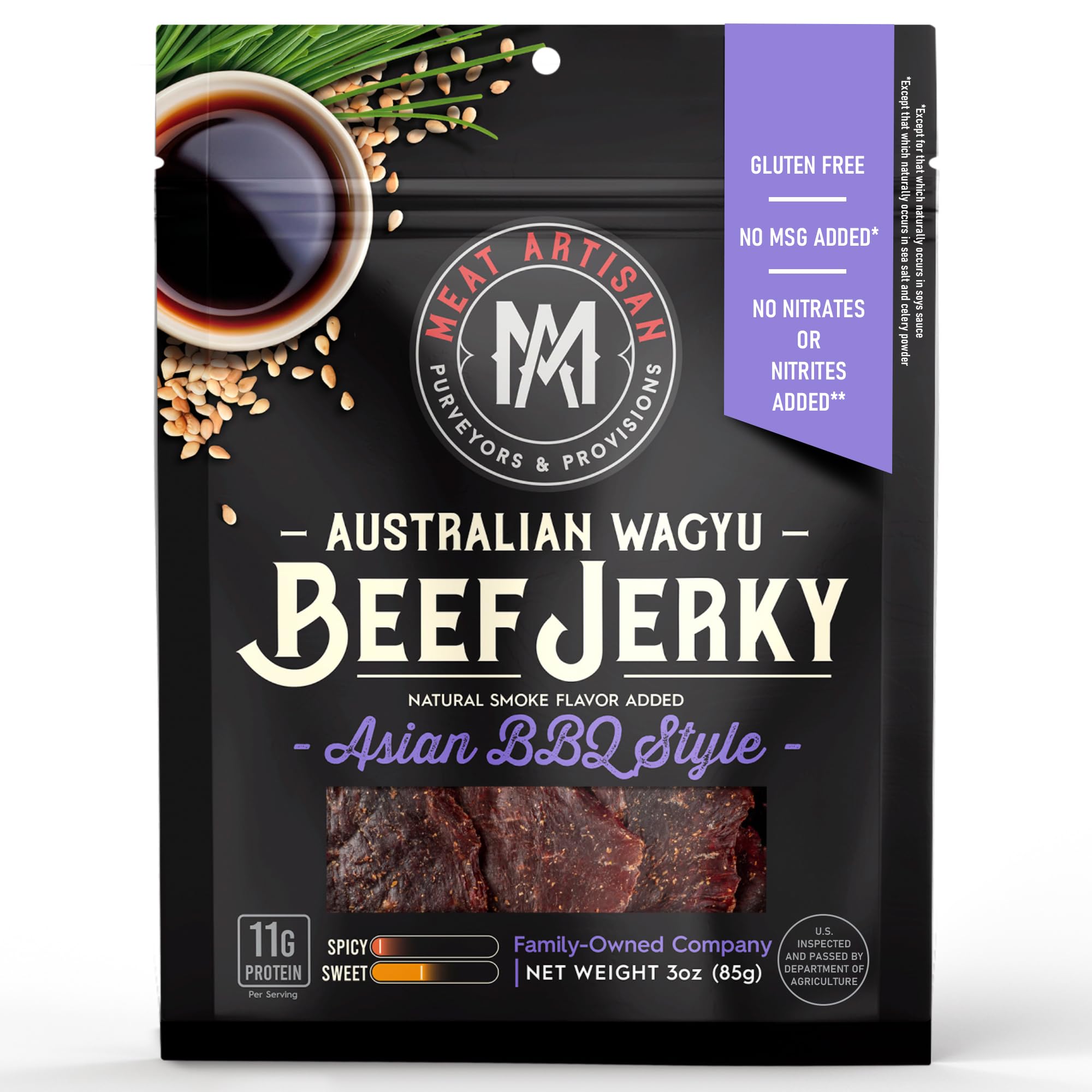 Meat Artisan Beef Jerky packaging shows premium Australian Wagyu for on-the-go snacking.