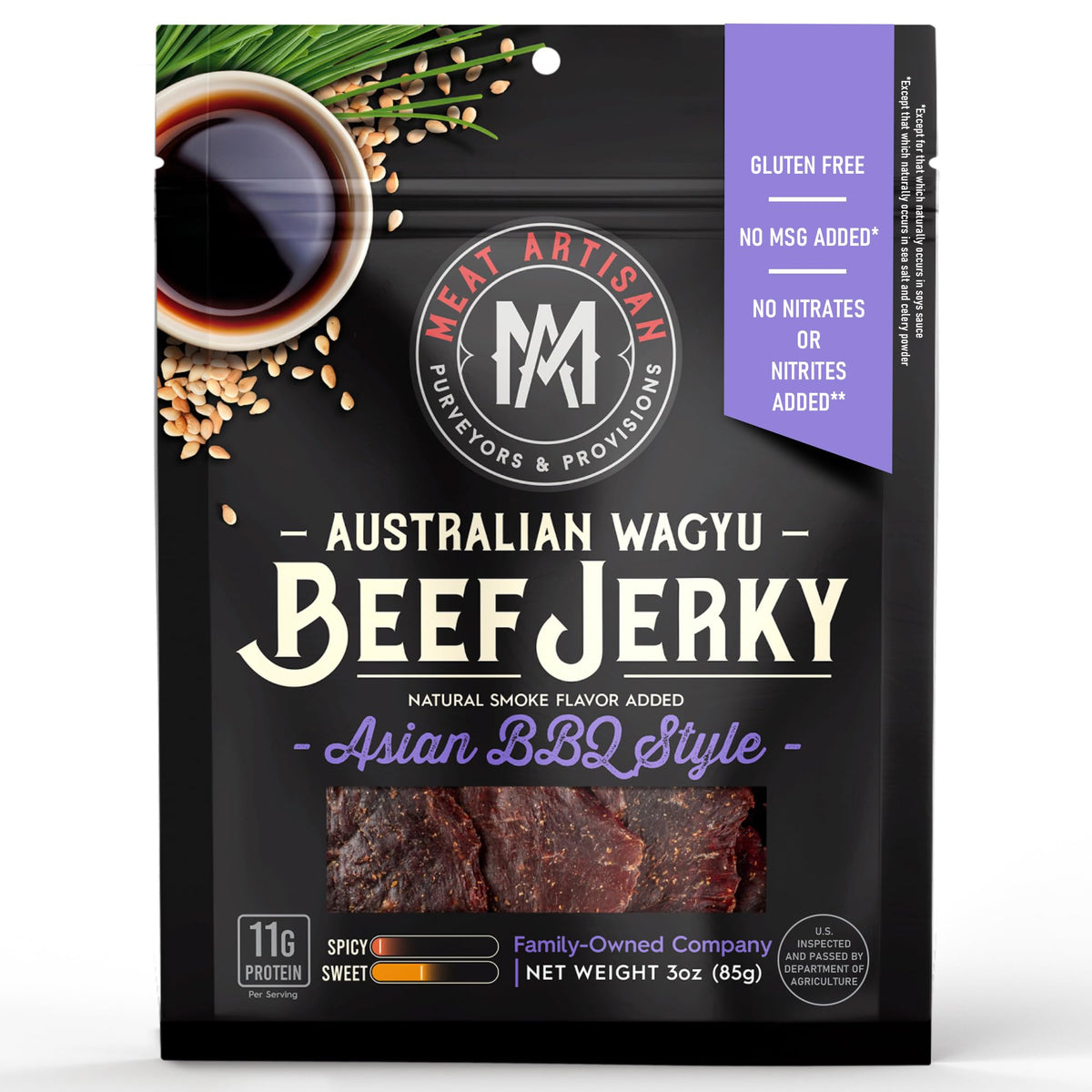 Meat Artisan Beef Jerky packaging shows premium Australian Wagyu for on-the-go snacking.
