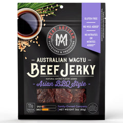 Meat Artisan Beef Jerky packaging shows premium Australian Wagyu for on-the-go snacking.