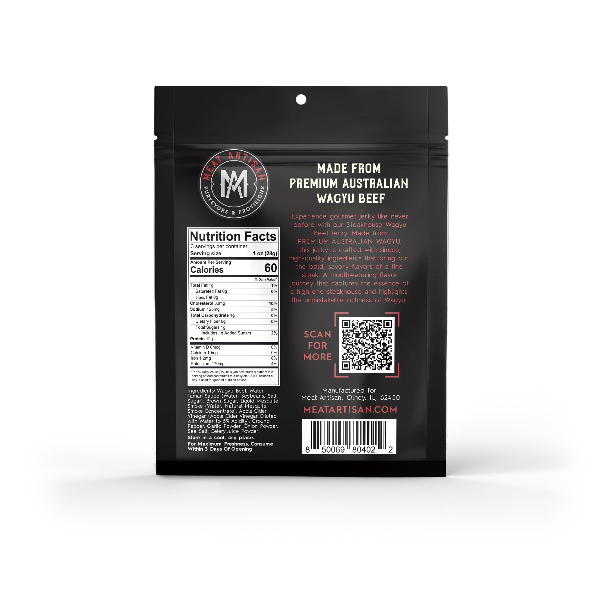 MEAT ARTISAN MA Wagyu jerky showing 12 g protein per serving for active days