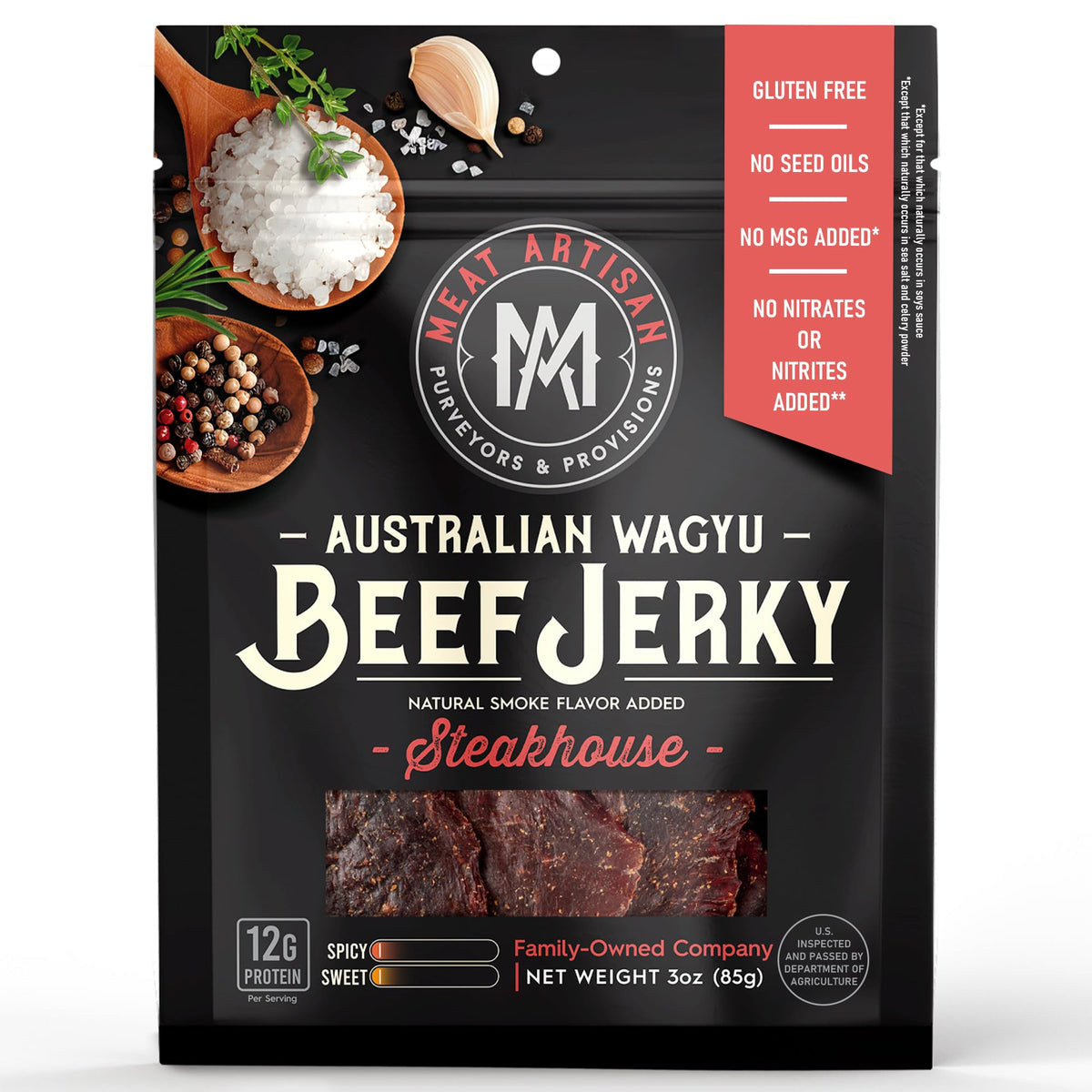 MEAT ARTISAN MA Wagyu jerky with steakhouse flavor for high-protein snacking on the go