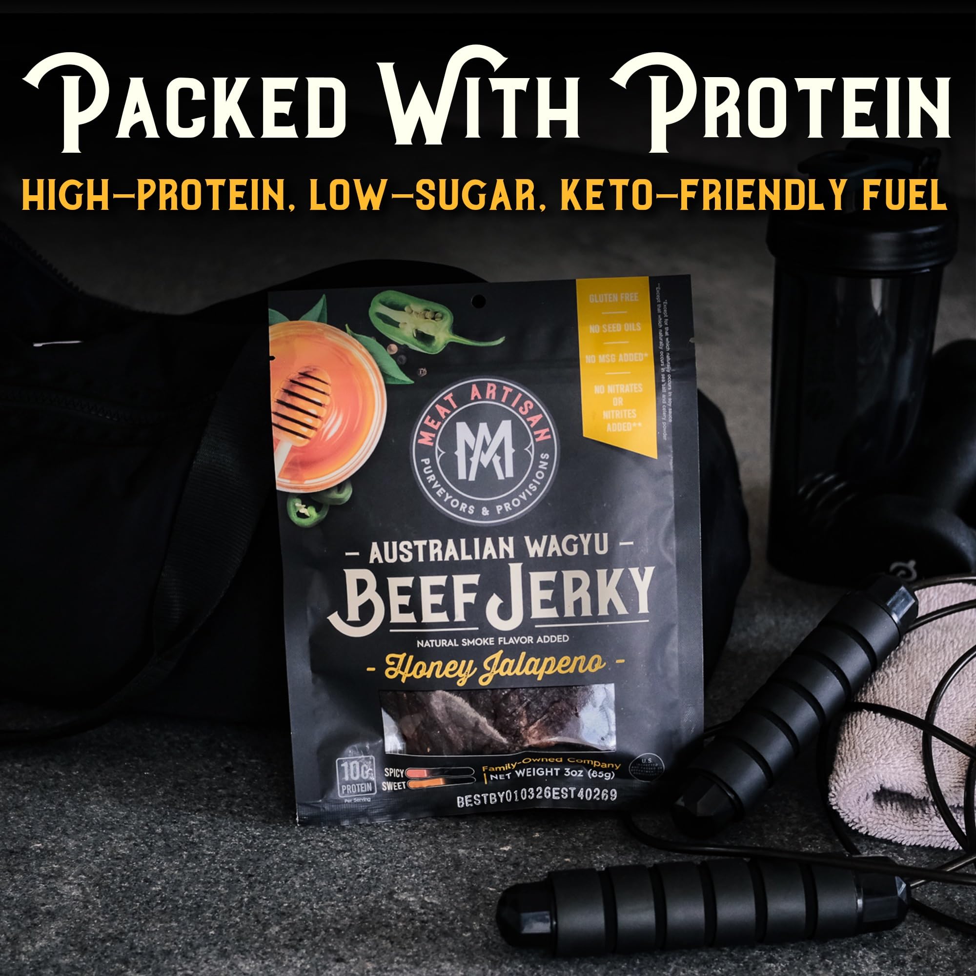 Meat Artisan Wagyu Honey Jalapeno jerky travel-friendly pouch ready for hikes.