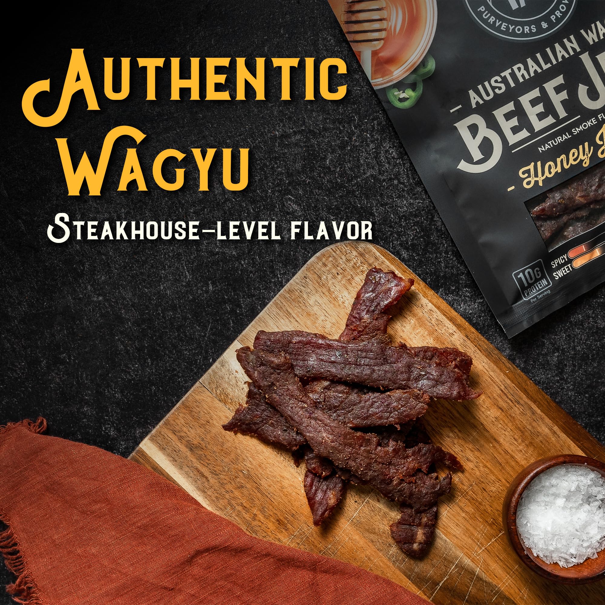 Meat Artisan Wagyu Honey Jalapeno jerky serving suggests on-the-go protein for active lifestyles.