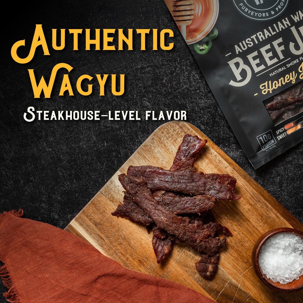 Meat Artisan Wagyu Honey Jalapeno jerky serving suggests on-the-go protein for active lifestyles.