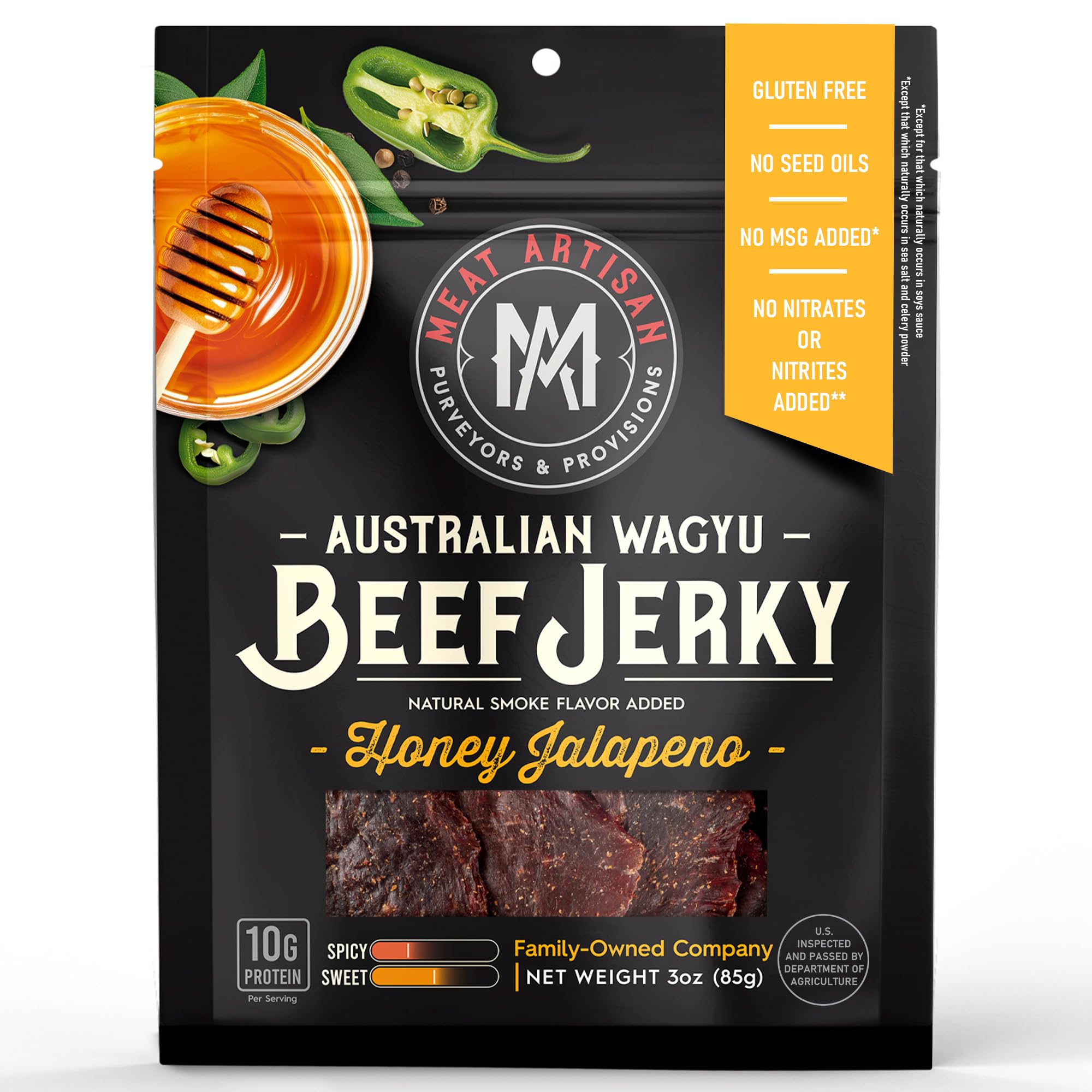 Meat Artisan Wagyu Honey Jalapeno jerky pack highlights premium texture for gourmet snacking.