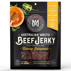 Meat Artisan Wagyu Honey Jalapeno jerky pack highlights premium texture for gourmet snacking.