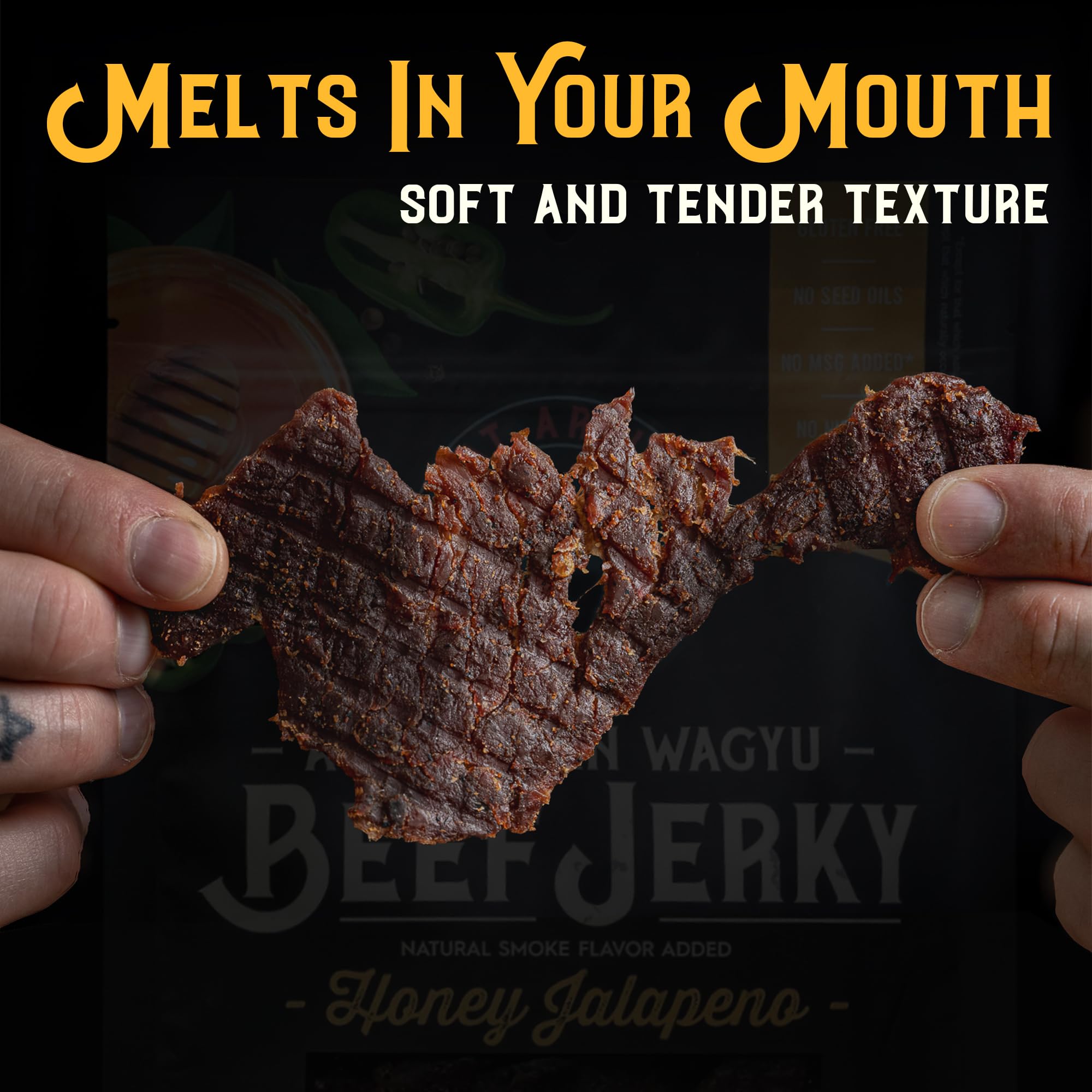 Meat Artisan Wagyu Honey Jalapeno jerky close-up reveals natural sweetness and mild heat.