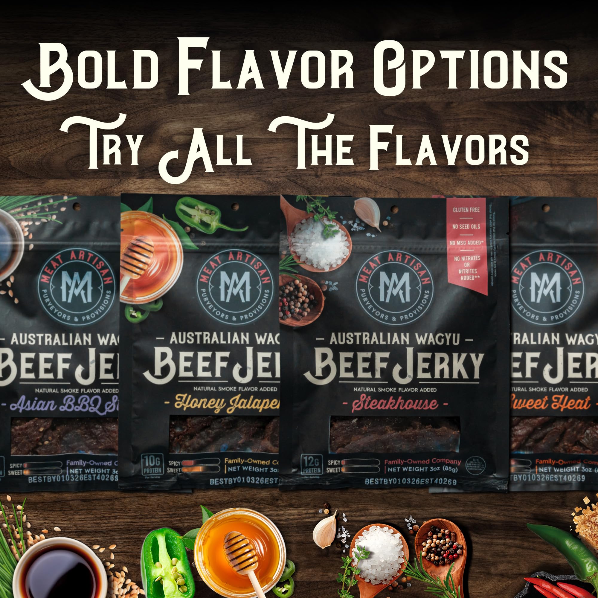 Gift-ready Meat Artisan Wagyu Sweet Heat jerky display