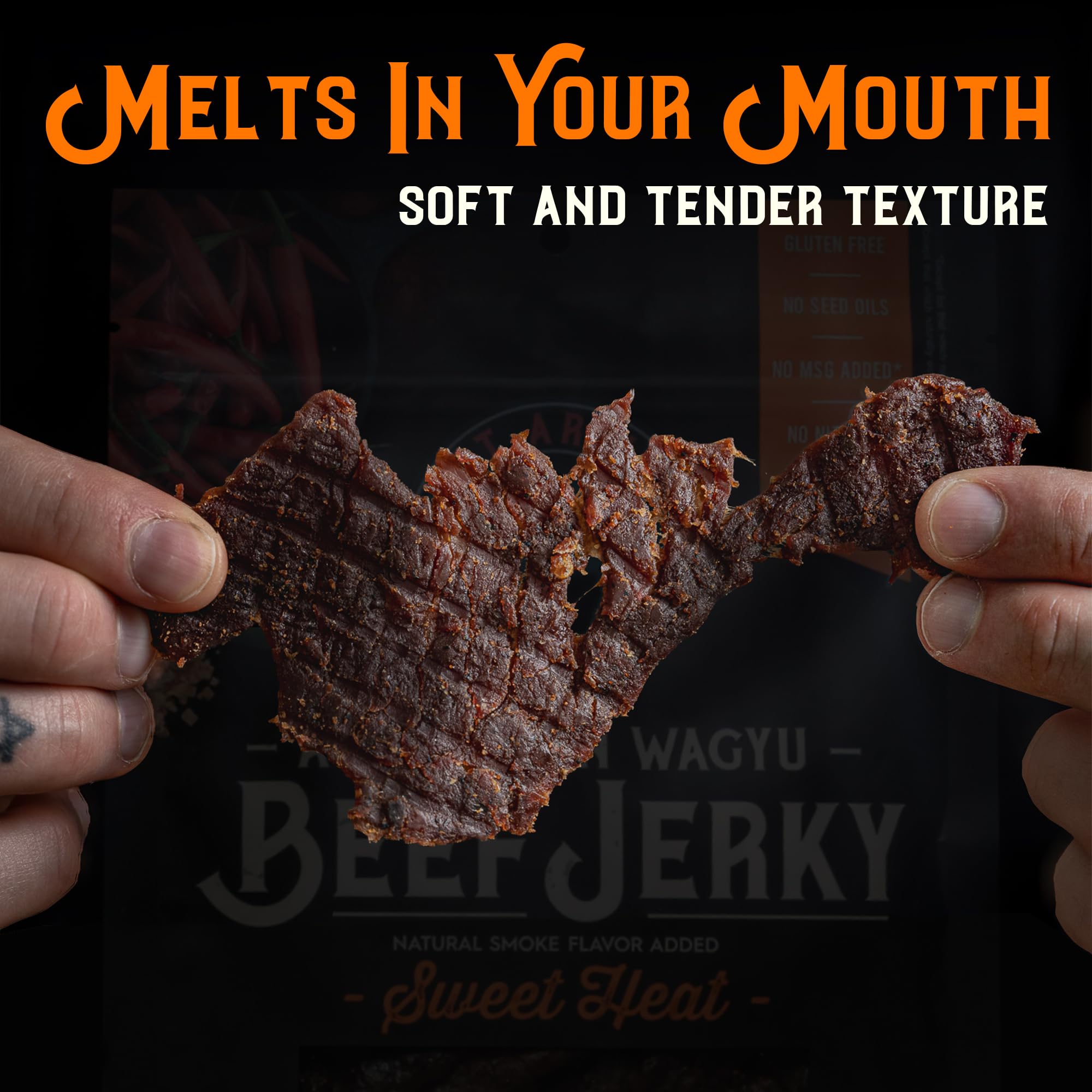 Meat Artisan Wagyu jerky close-up shows rich marbling