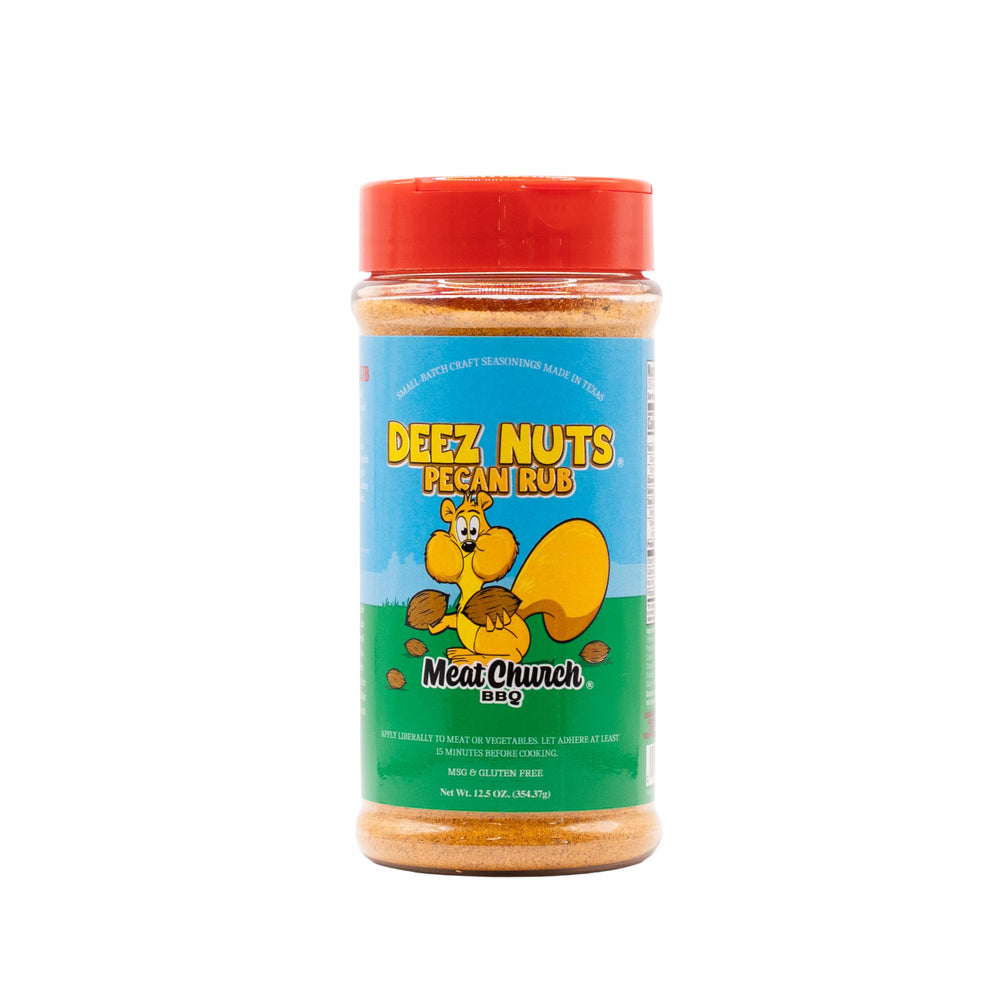 Meat Church Deez Nuts Honey Pecan Rub bottle shows rich color and versatile pork, poultry, or fish seasoning.