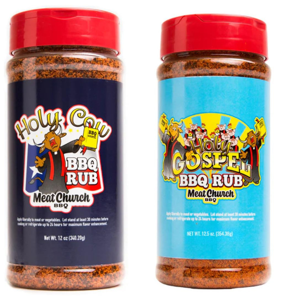 Meat Church Holy Cow and Holy Gospel BBQ rubs in a duo bottle combo for beef, ribs, chicken.