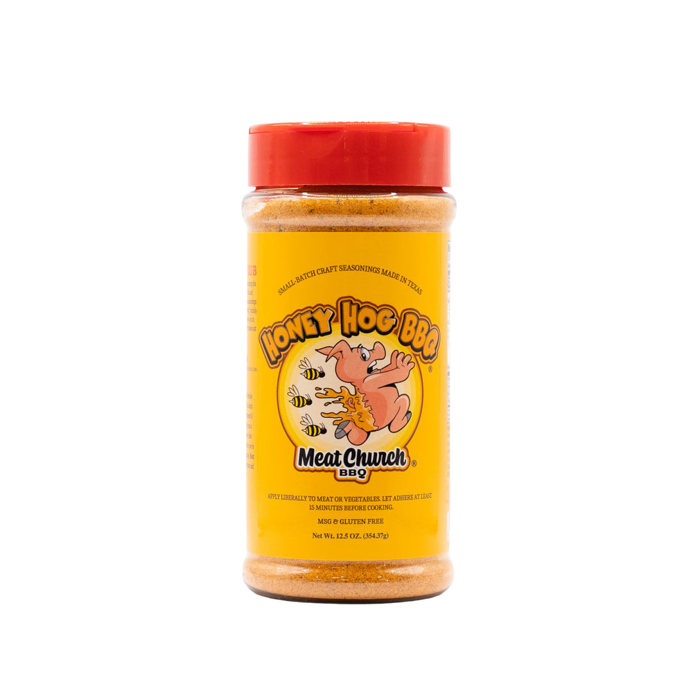 Meat Church Honey Hog 12.5 oz bottle viewed from the front, ideal for pork seasoning.