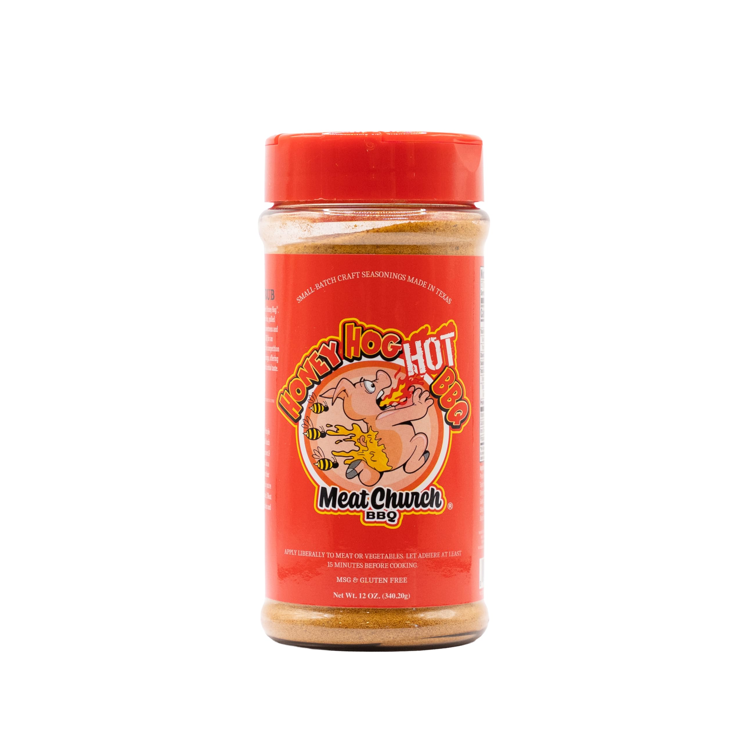 Meat Church Honey Hog Hot bottle on display suggests bold flavor for pork and poultry.