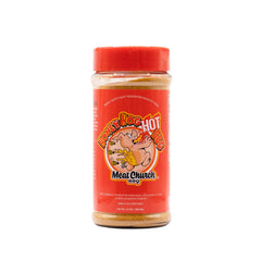 Meat Church Honey Hog Hot bottle on display suggests bold flavor for pork and poultry.