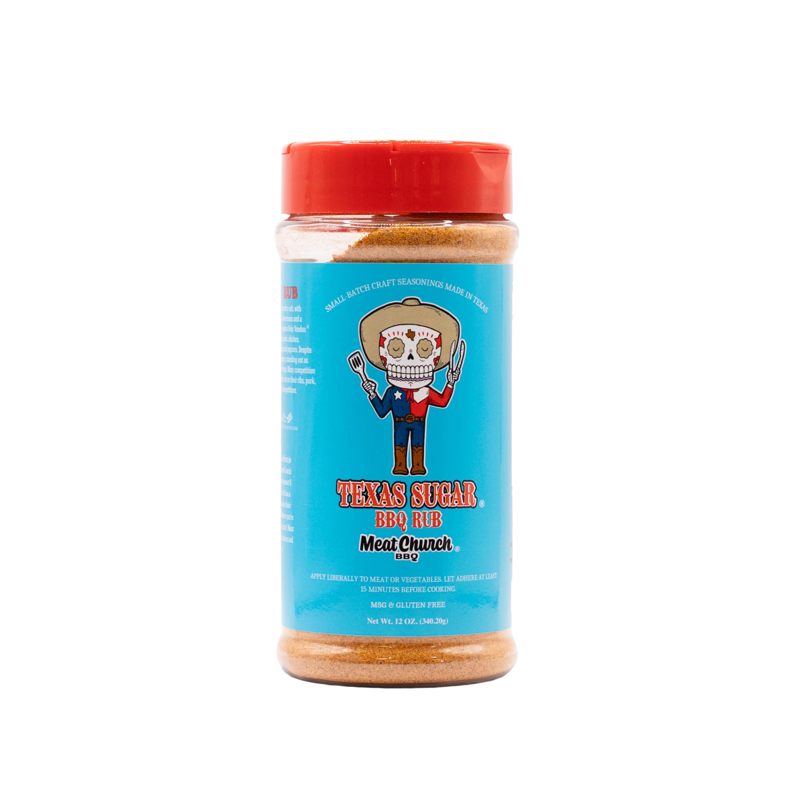 Meat Church Texas Sugar BBQ Rub bottle highlighting sweet-heat flavor for ribs and chicken.