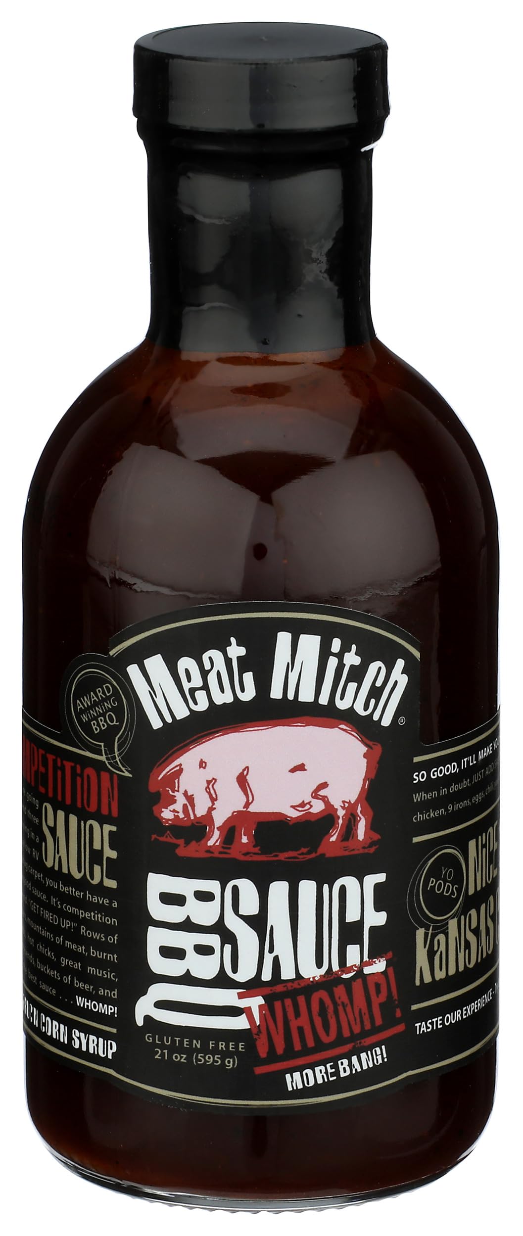 Meat Mitch WHOMP! BBQ sauce bottle front label for strong brand visibility.