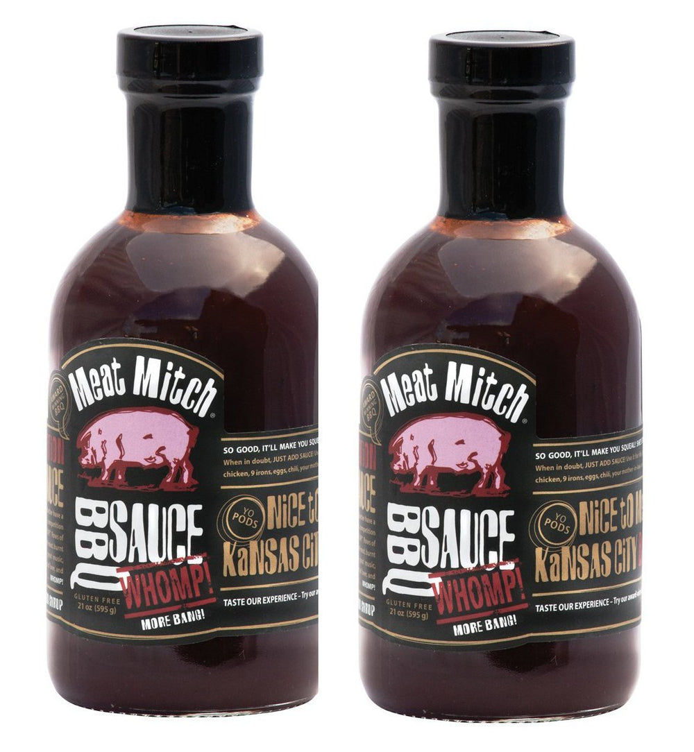 Meat Mitch WHOMP! BBQ sauce bottle with KC-style flavor, ideal for grilling.