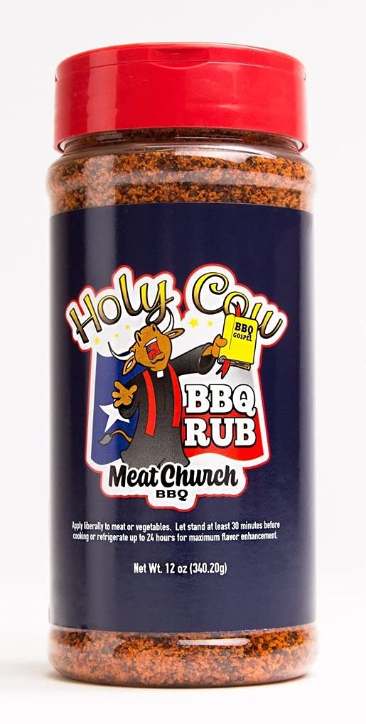 Meat Church Holy Cow rub bottle side, ideal for seasoning beef and vegetables