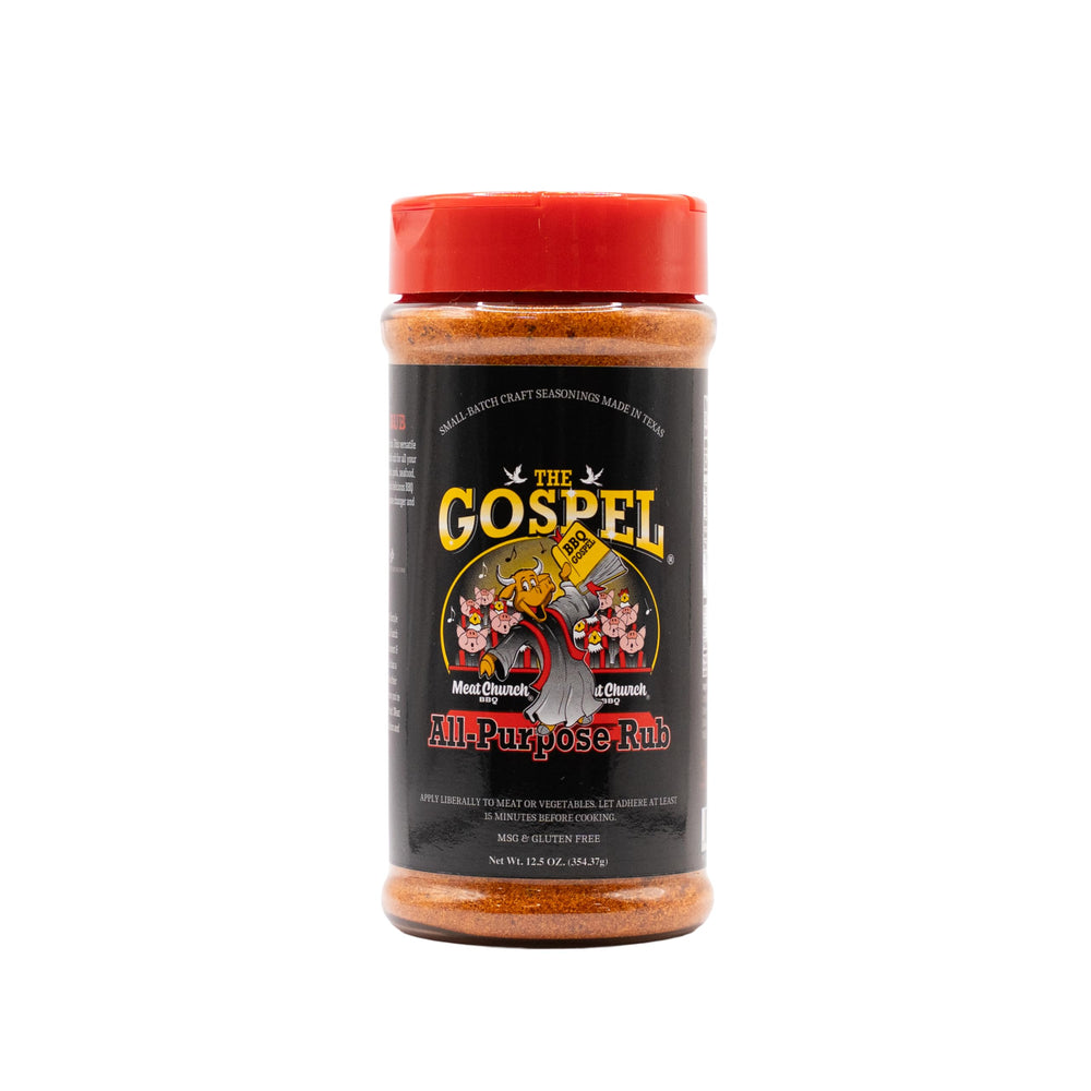 Meat Church The Gospel All-Purpose Rub bottle for versatile seasoning and bold flavor.