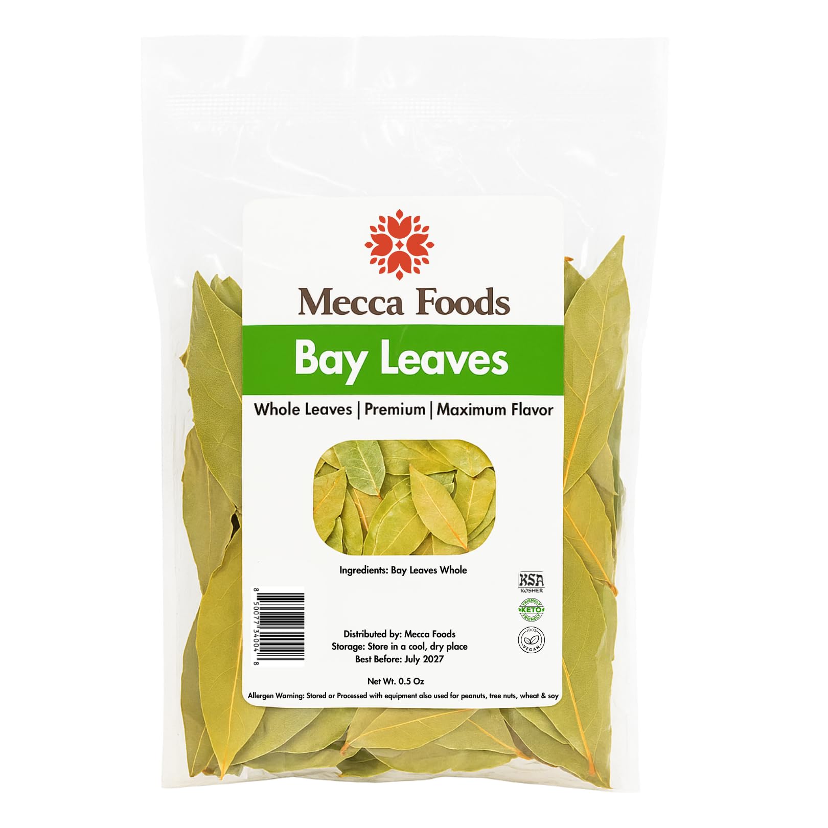 Mecca Foods bay leaves whole 0.5 oz pack for pure, aromatic flavor.
