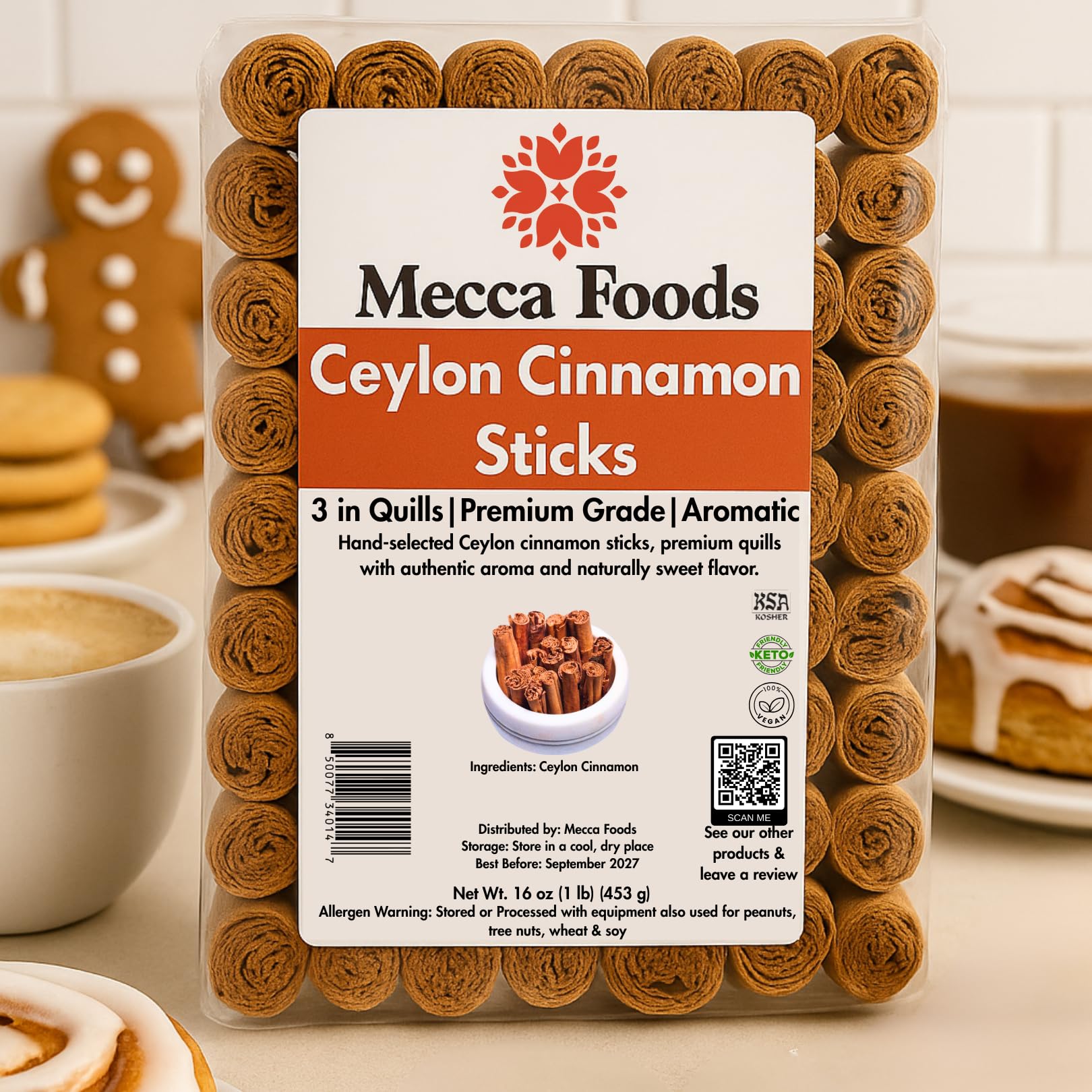 Mecca Foods Ceylon cinnamon quills close-up showing smooth texture