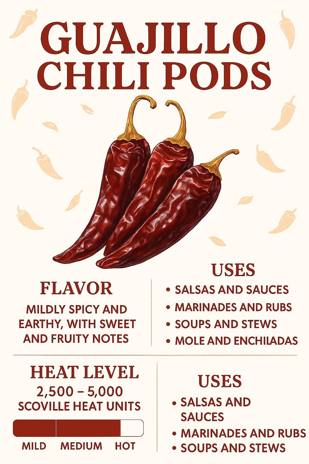 Bright red Mecca Foods Guajillo chiles add color to dishes.