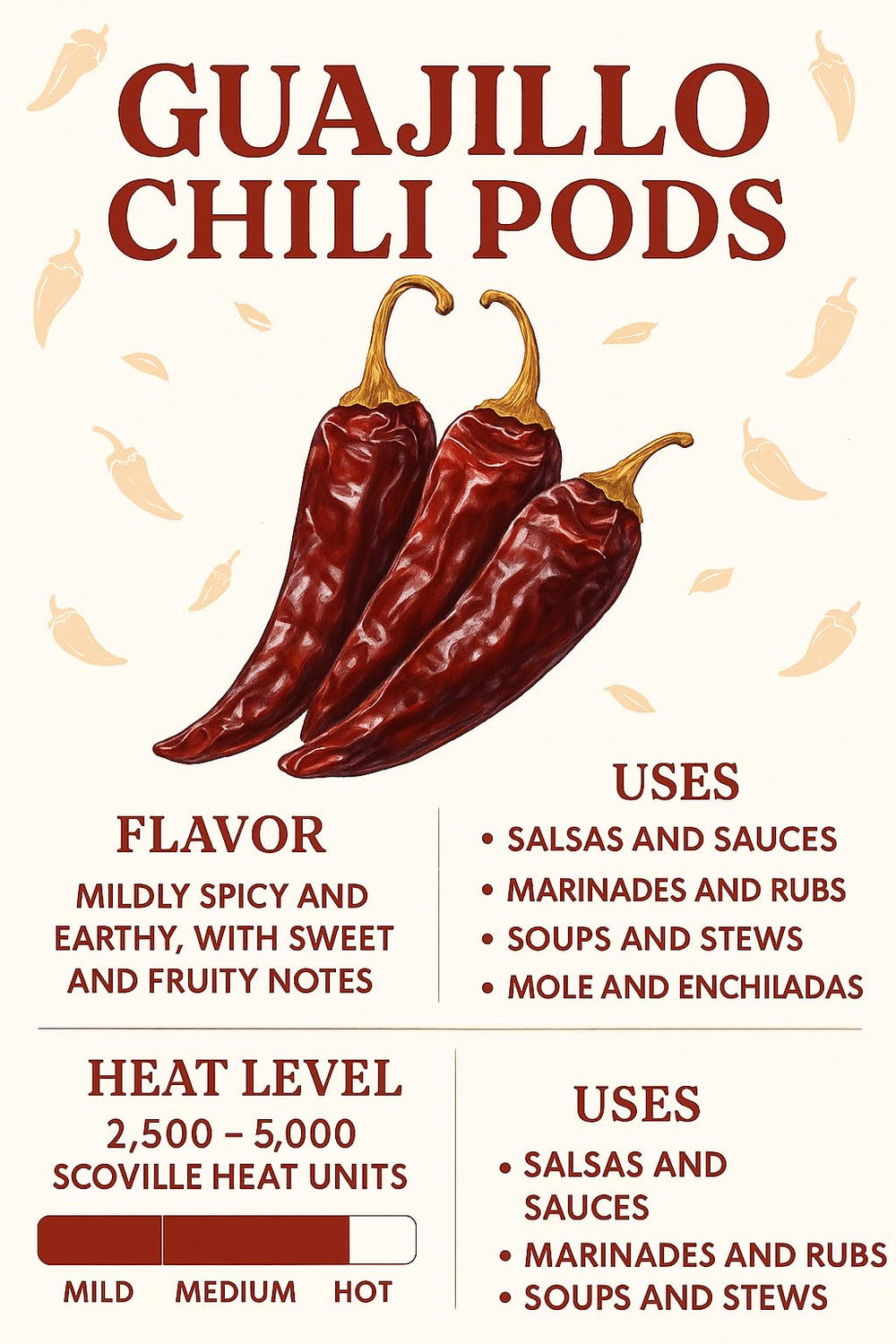 Bright red Mecca Foods Guajillo chiles add color to dishes.