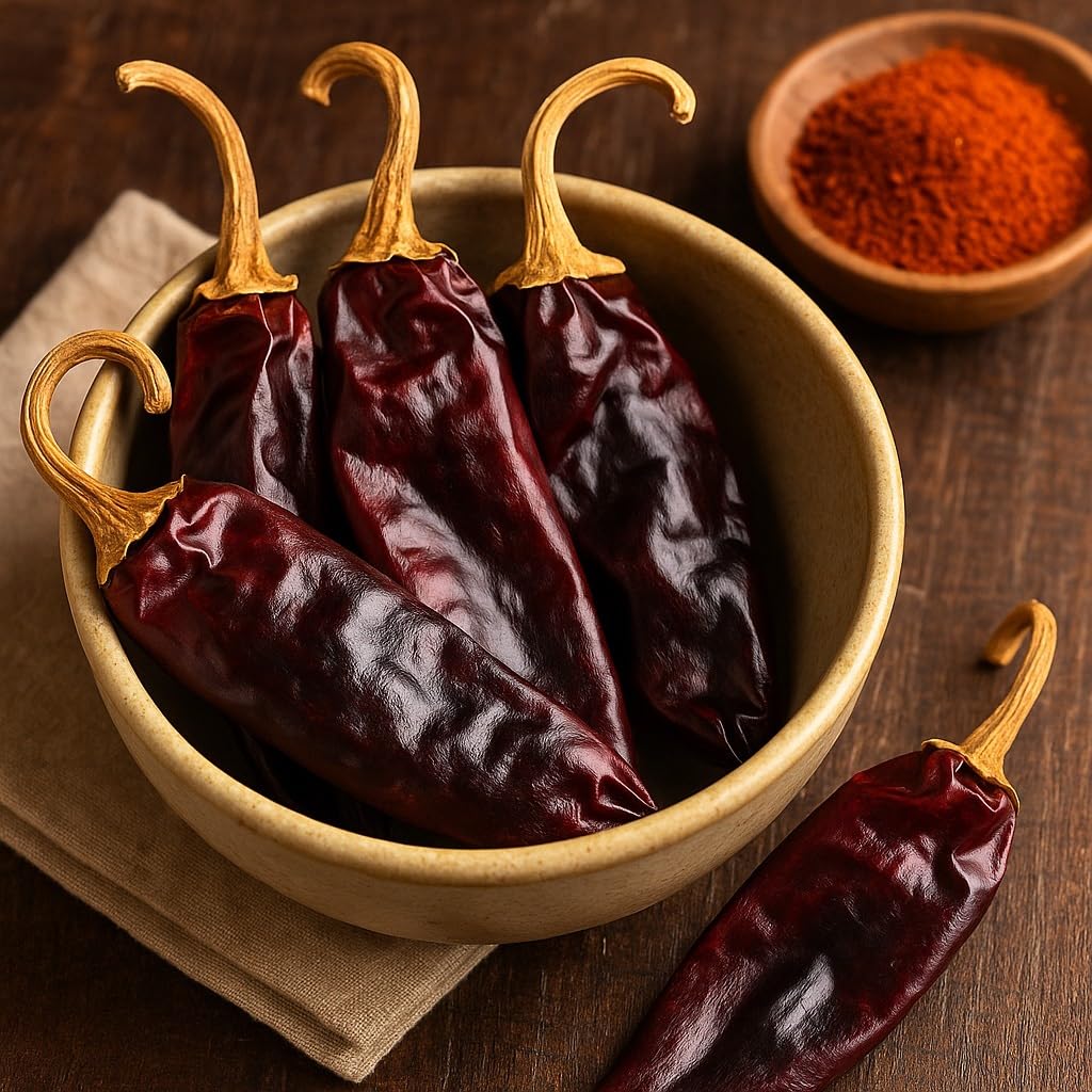 Sun-dried Mecca Foods Guajillo chiles showing rich color and texture.