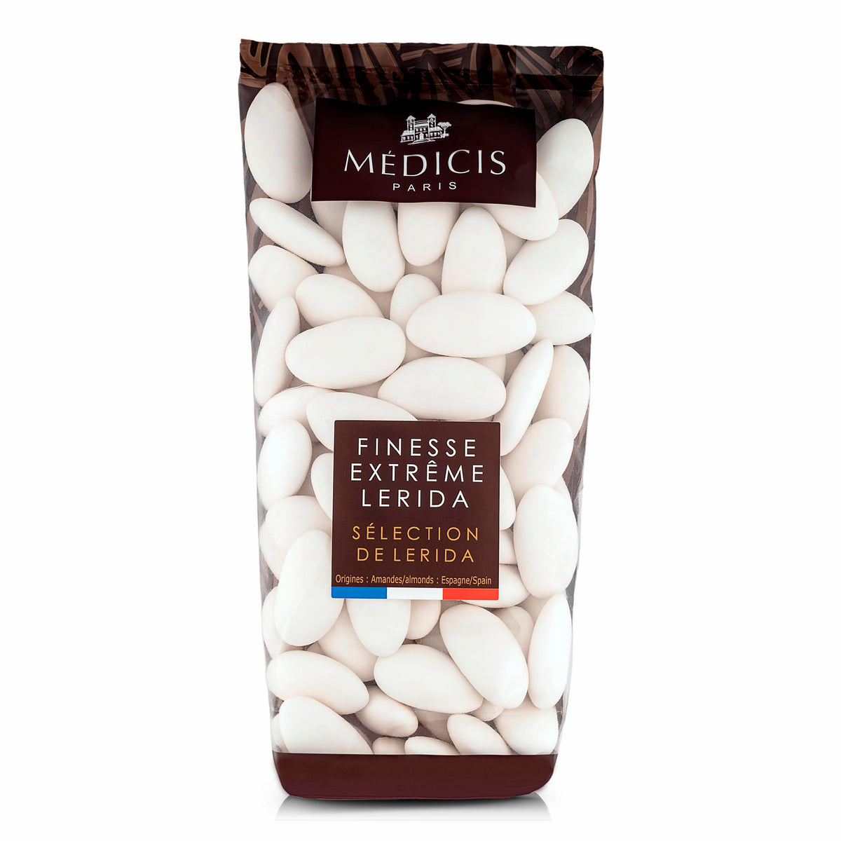 Medicis premium candied almond dragees bag closeup for elegant party favors