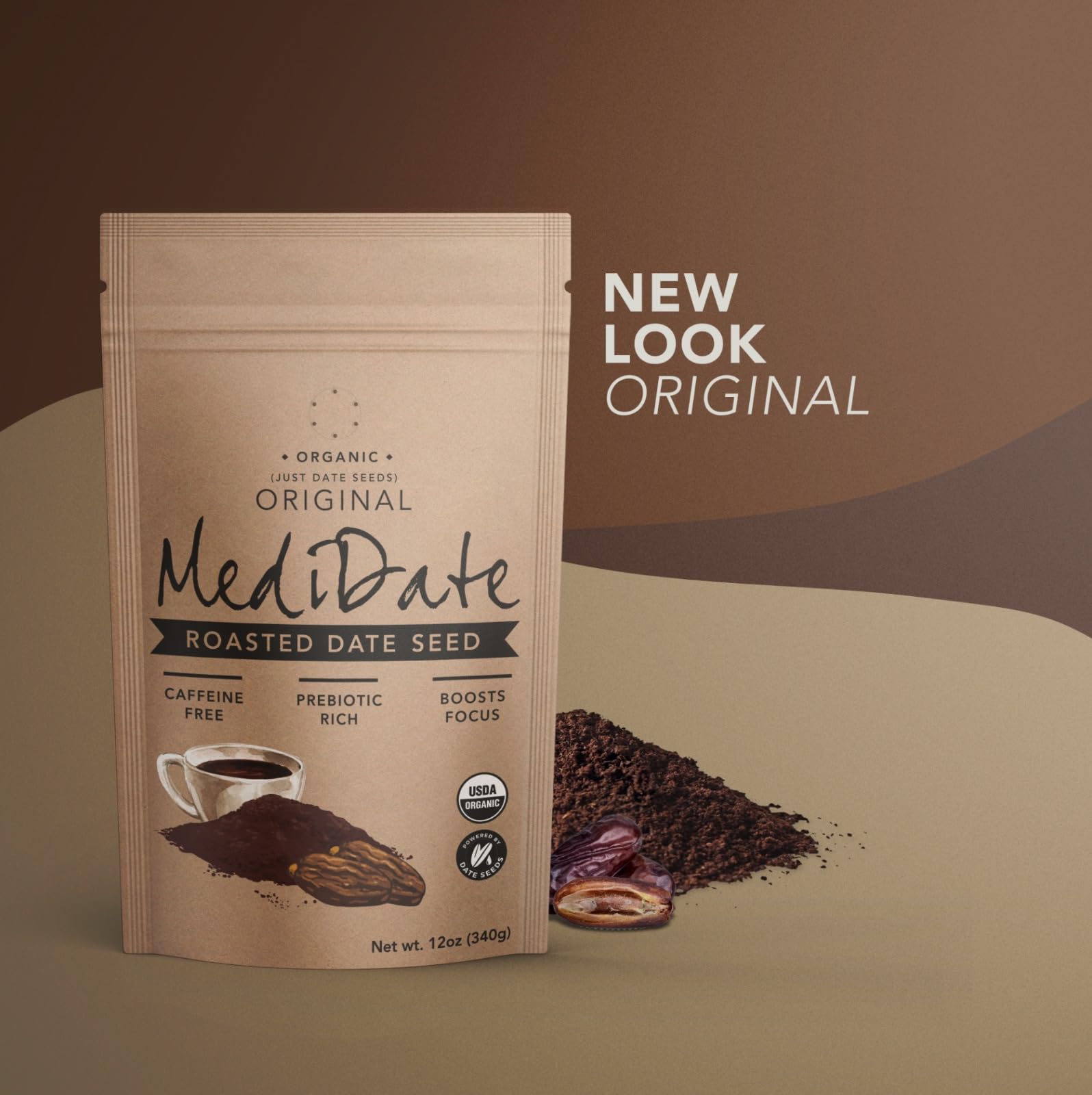 MediDate Coffee Alternative packaging box emphasizes responsible design and brand identity.