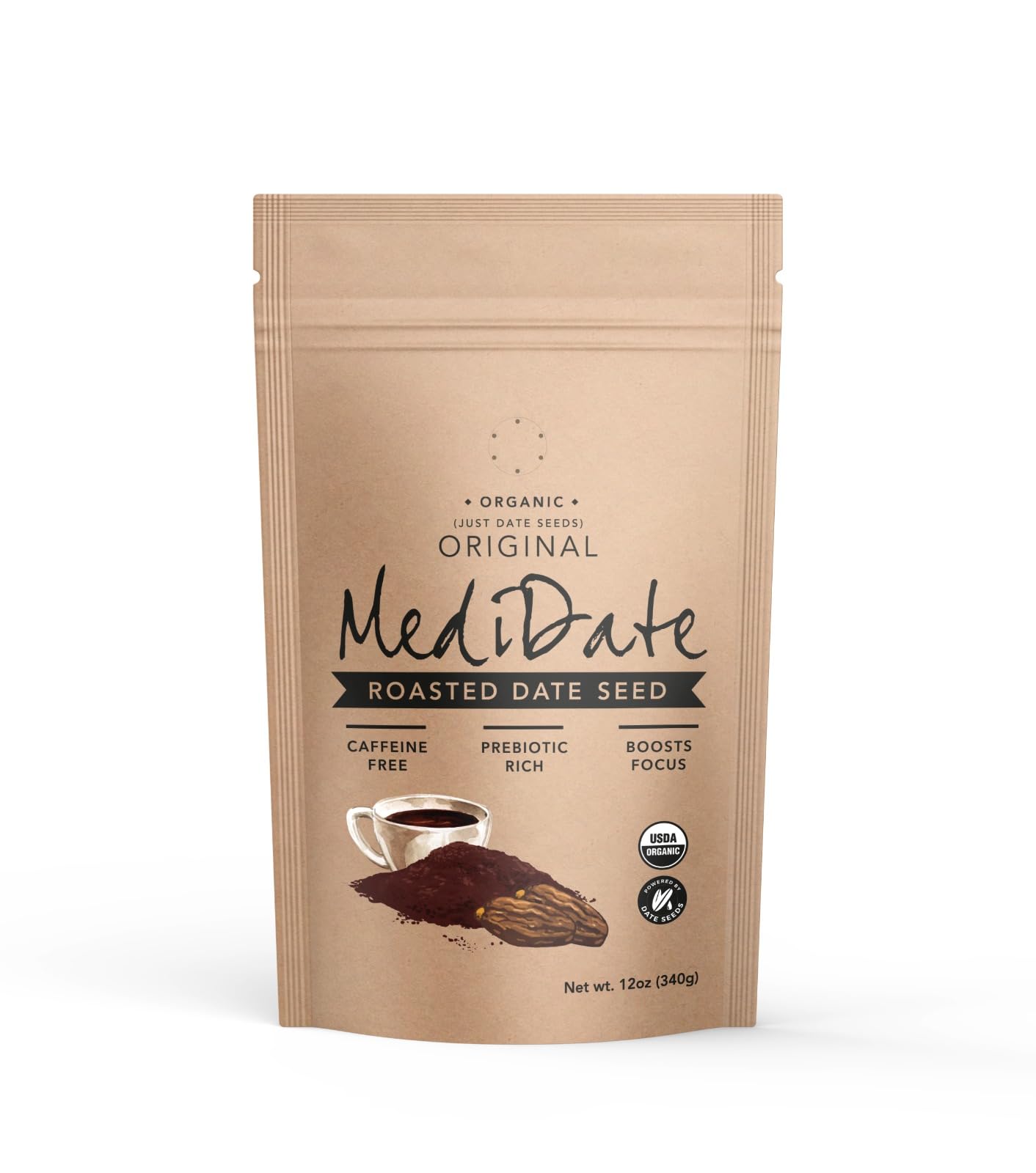 MediDate Coffee Alternative bottle with roasted date seeds supports digestion naturally.