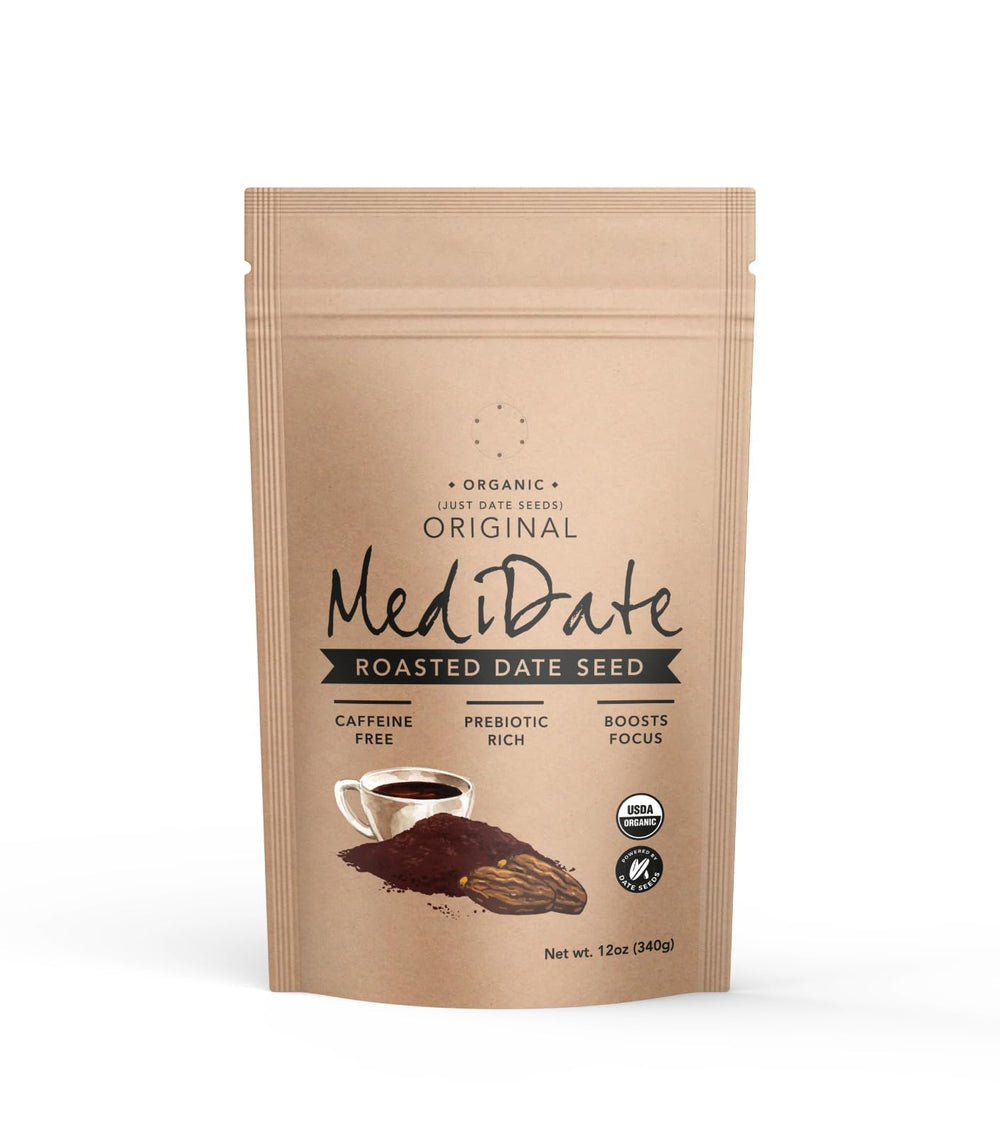 MediDate Coffee Alternative bottle with roasted date seeds supports digestion naturally.