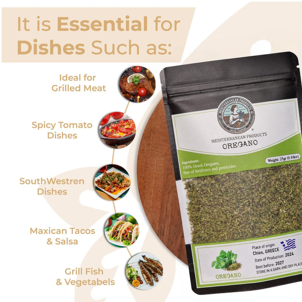 Mediterranea Greek Oregano dried leaves pack shown for long-lasting aroma.