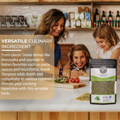 Mediterranea Greek Oregano dried leaves over pasta dish showcasing versatile flavor