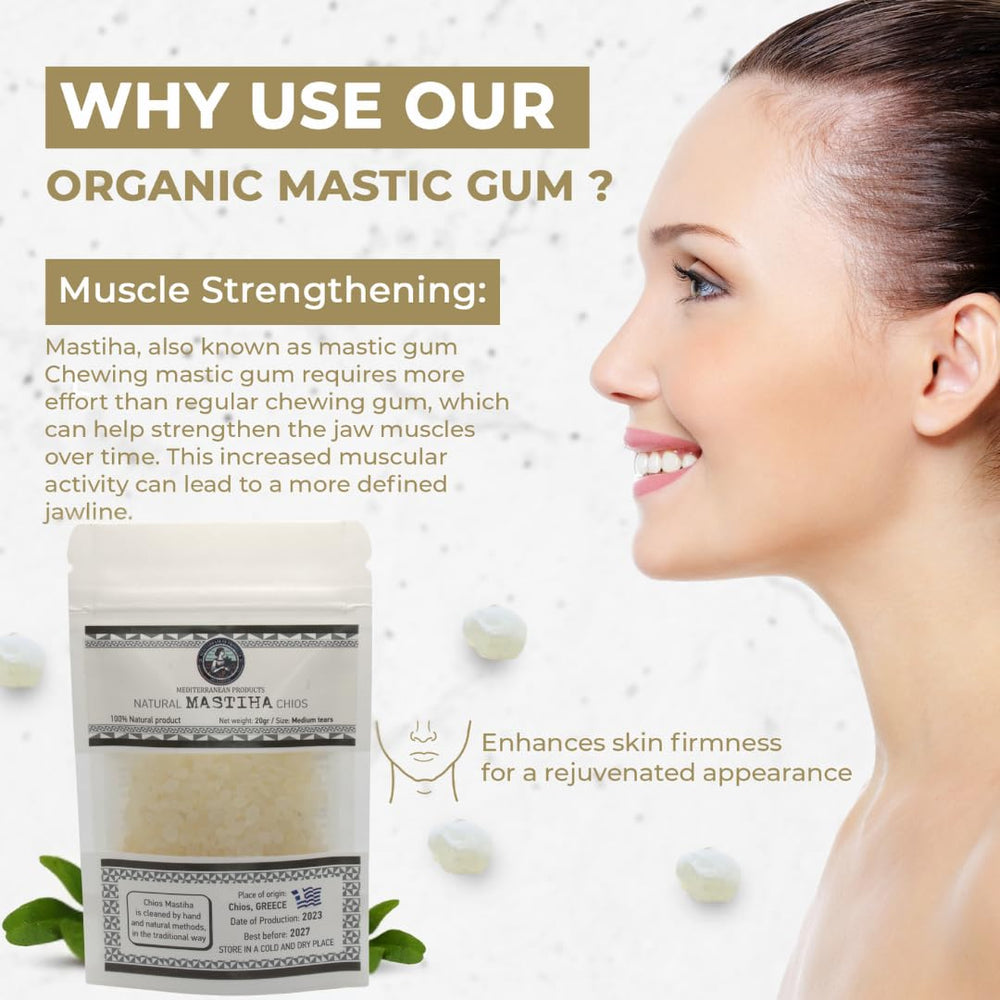 Mediterranean Products Greek Farmers Mastiha Tears packaging shows gluten-free and sugar-free gum options