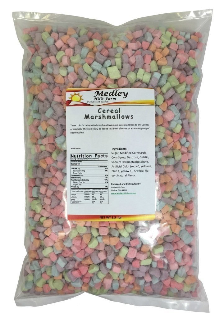 Medley Hills Farm assorted dehydrated marshmallow bits in a heat-sealed bag ideal for toppings.