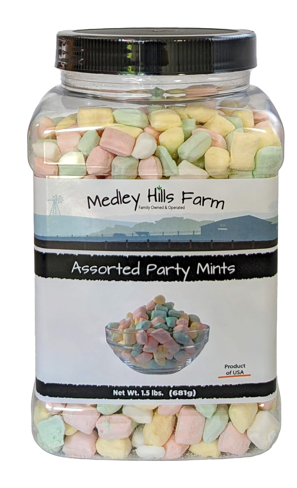 Medley Hills Farm assorted party mints in reusable container for easy storage.