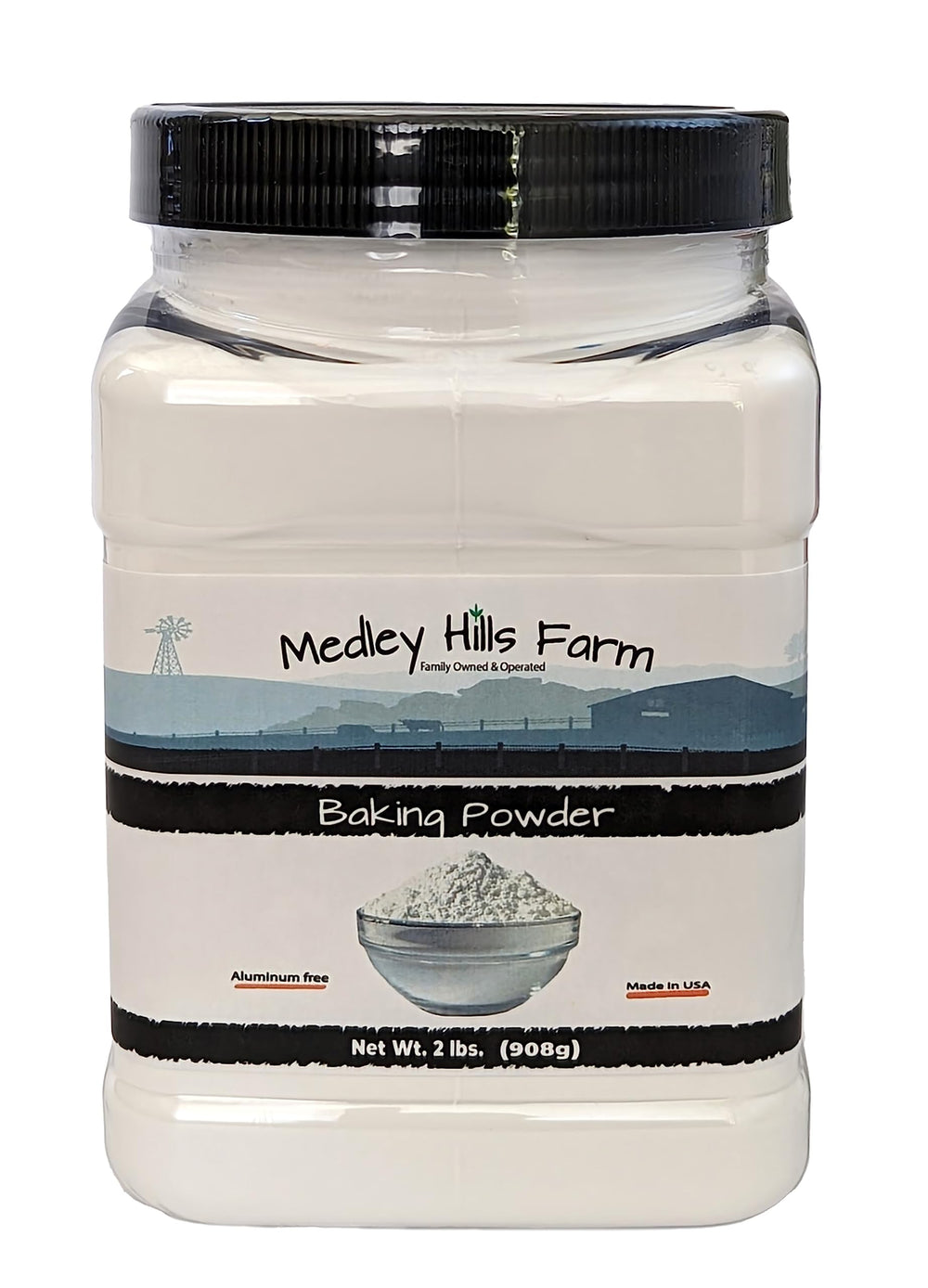 Medley Hills Farm aluminum-free baking powder 2 lb container for easy pantry storage.