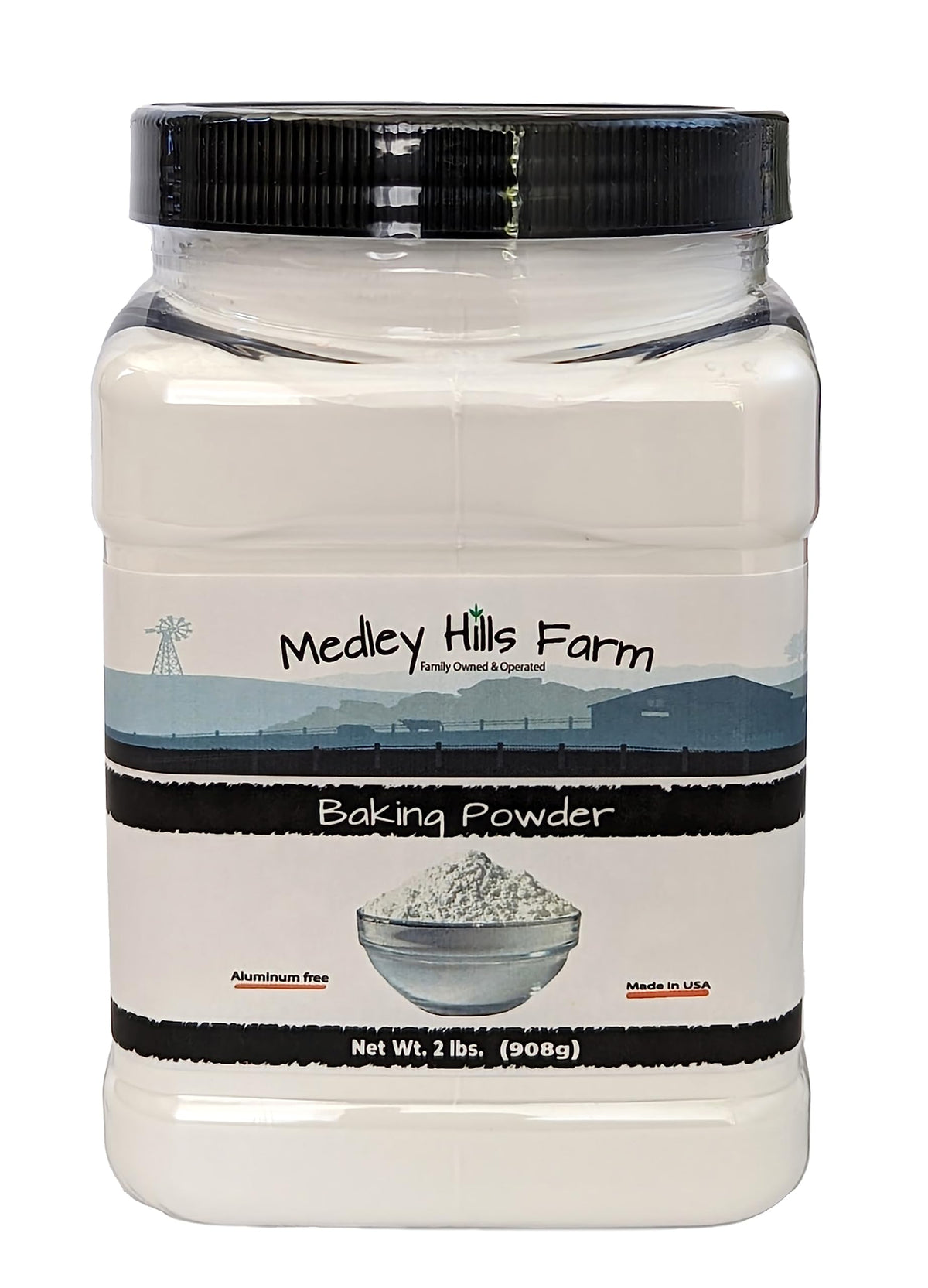 Medley Hills Farm aluminum-free baking powder 2 lb container for easy pantry storage.