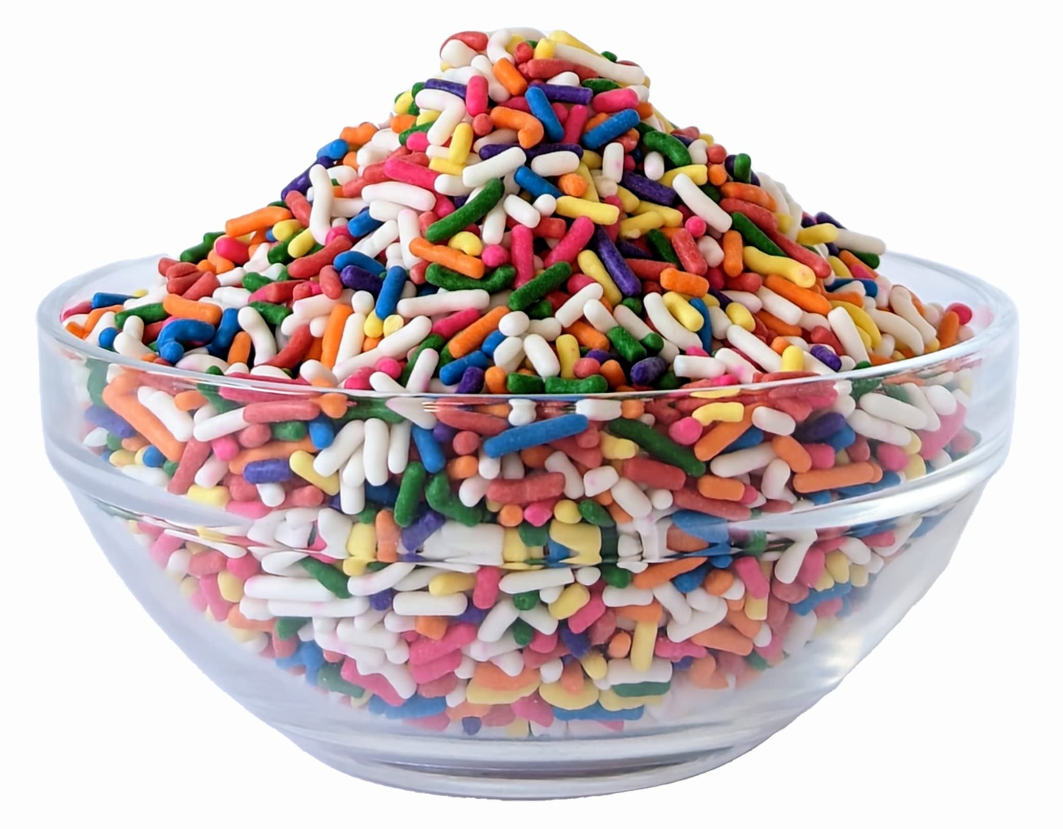 Bulk rainbow sprinkles in a resealable tub for easy baking.