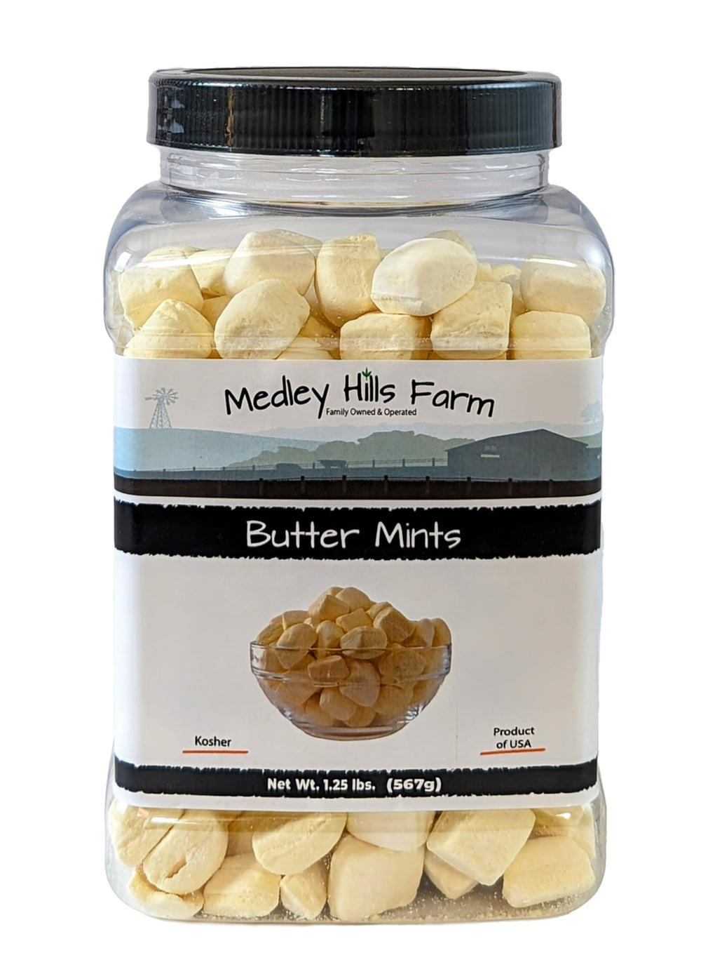 Medley Hills Farm butter mints container—easy storage and reuse for parties.