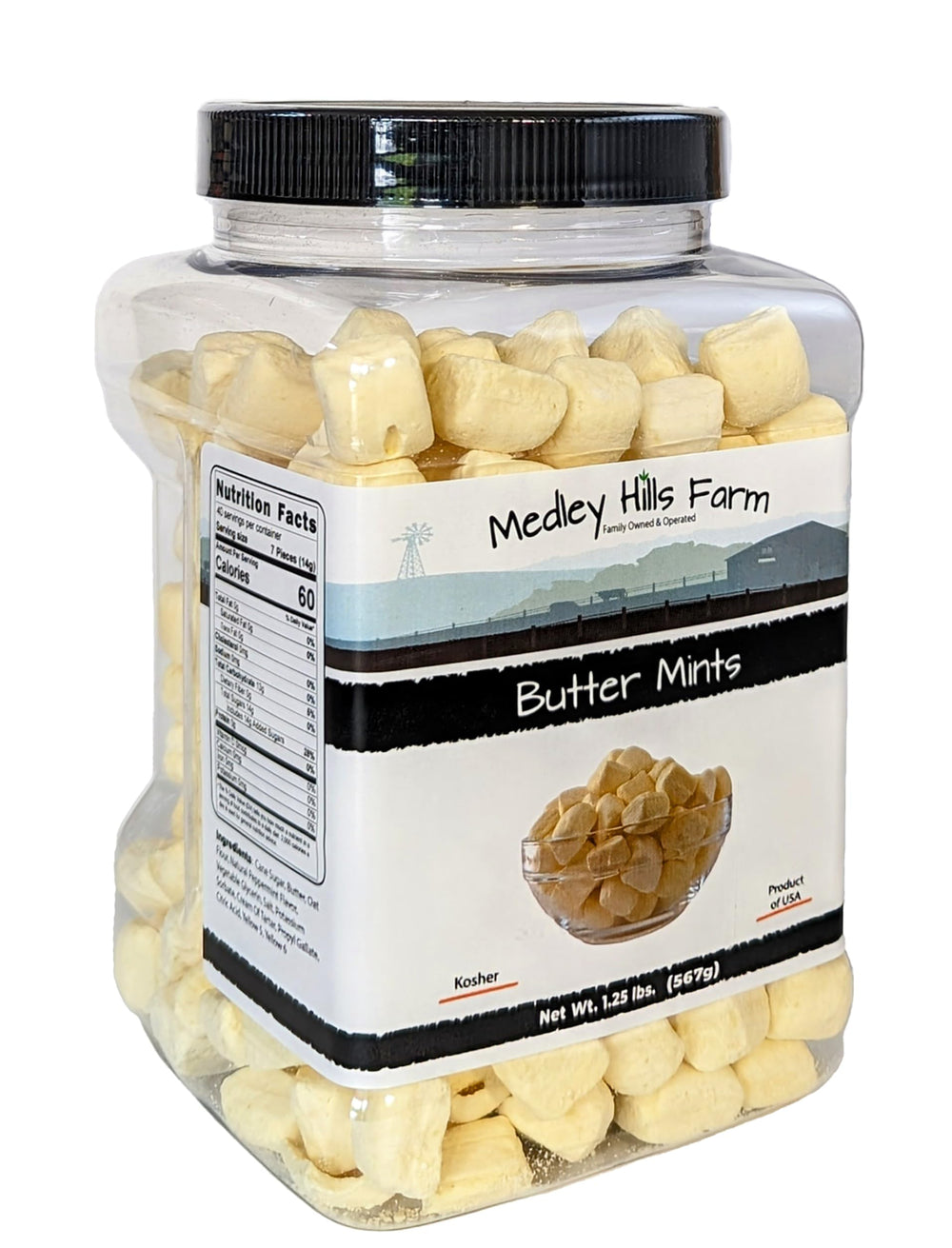 Medley Hills Farm butter mints dish setup—ready to serve at gatherings.