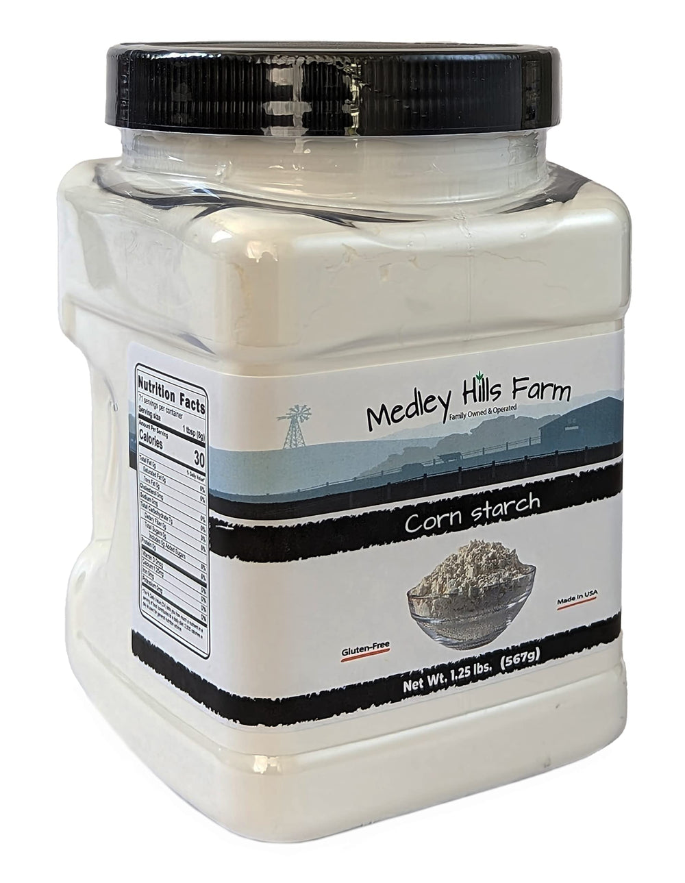 Close-up of Medley Hills Farm corn starch powder showing a fine, smooth texture.