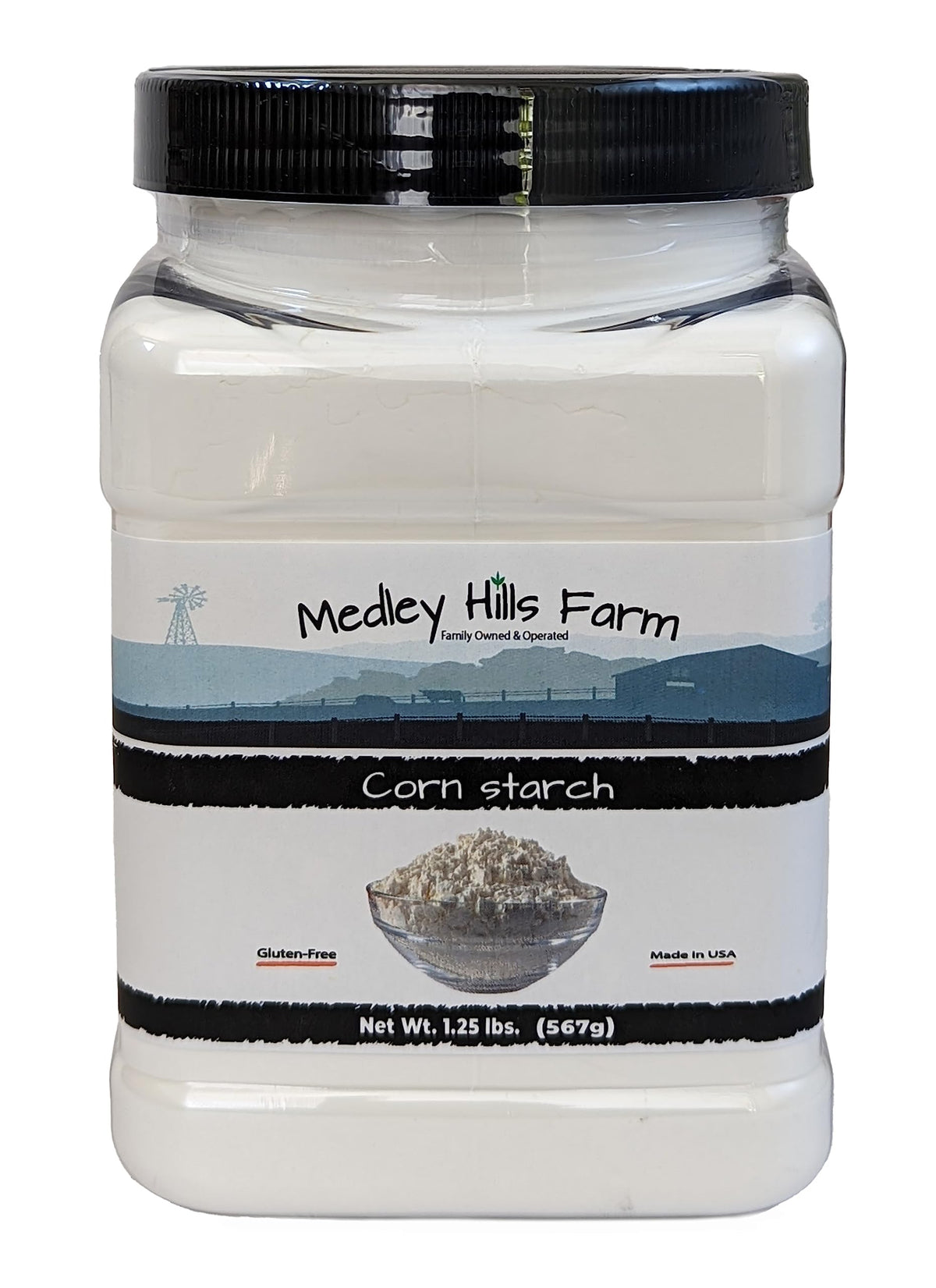 Medley Hills Farm corn starch in a reusable container for easy pantry storage.