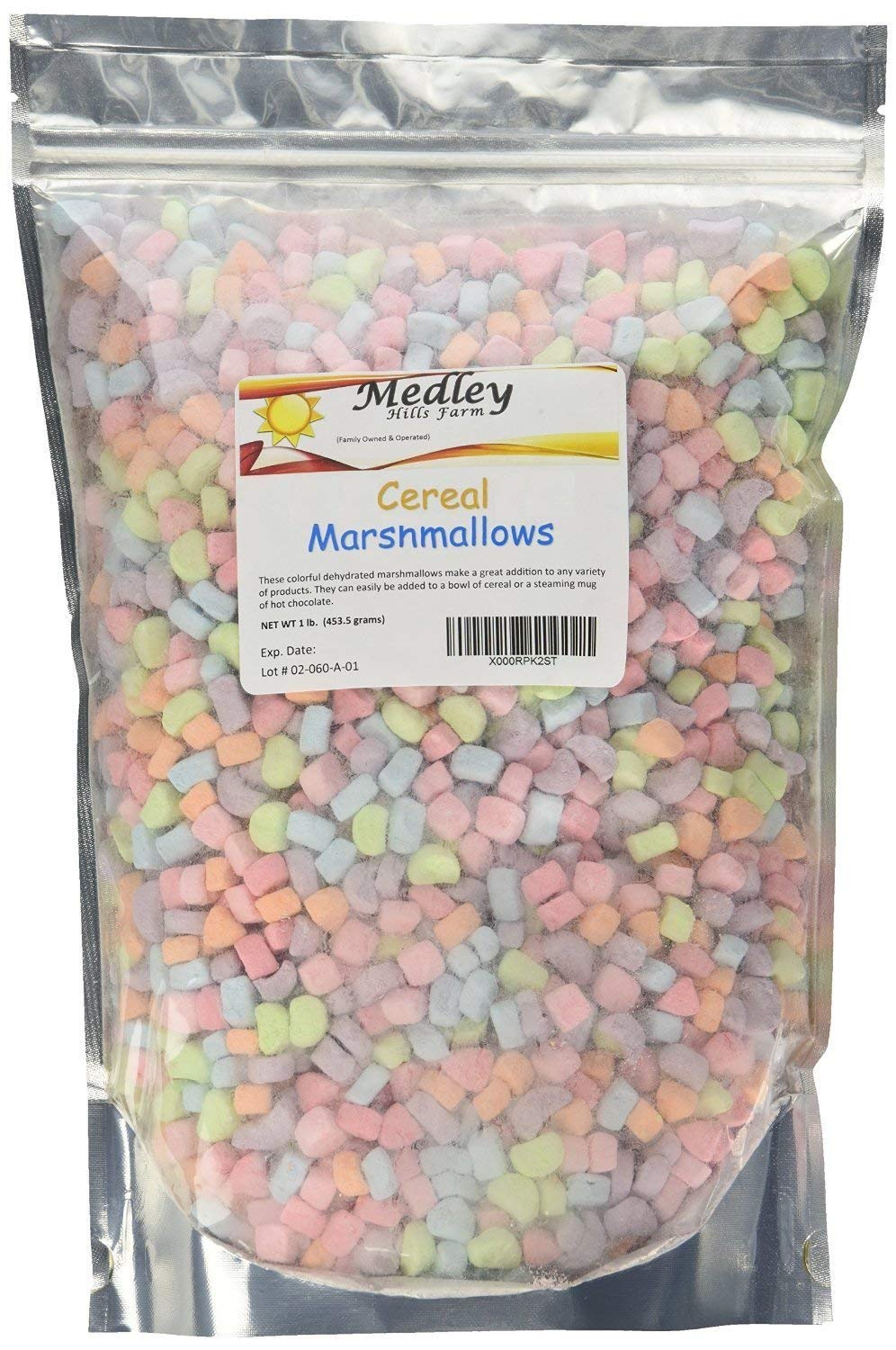 Medley Hills Farm dehydrated cereal marshmallows in a sealed bag for freshness.