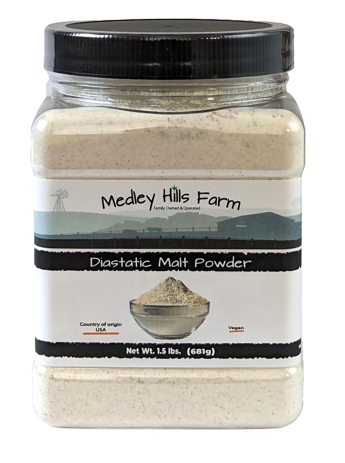 Medley Hills Farm diastatic malt powder in reusable container for easy storage.